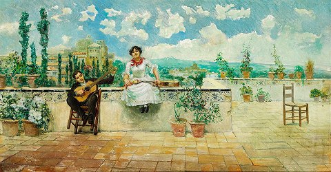 "Spansk bjerglandskab med musicerende par på en terrasse"