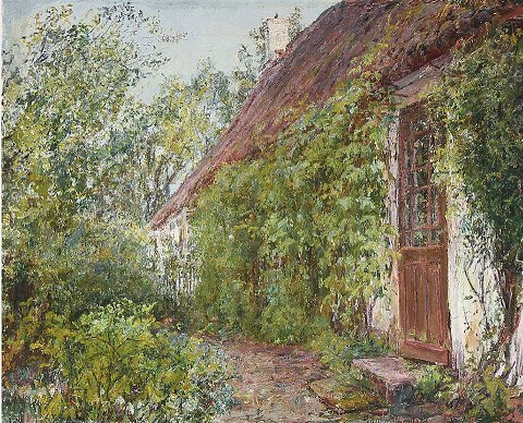 "Flowering trees in front of the rectory" Oil on canvas, exhibited at 
Charlottenborg in 1912.