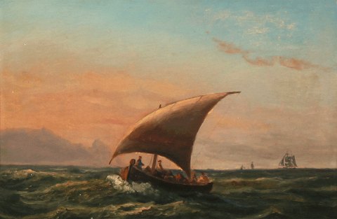 "Seascape with sailing ships and mountains in the background" Oil on canvas. 
Inscribed Niels Simonsen.