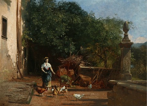 "Italian woman feeding chickens" Oil painting on canvas.