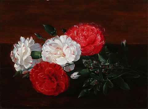 "White and red Carnatios on the table" Oil painting on the plate.
