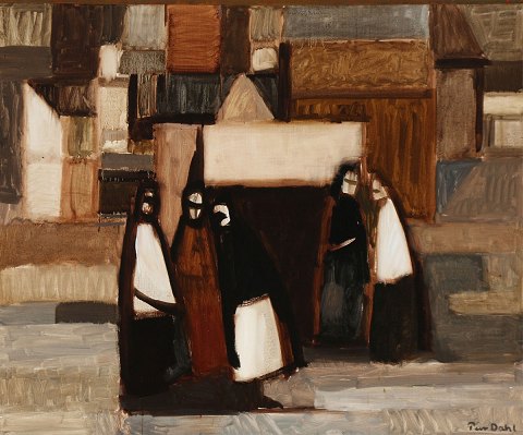 Composition with houses and figures" Oil painting on canvas.