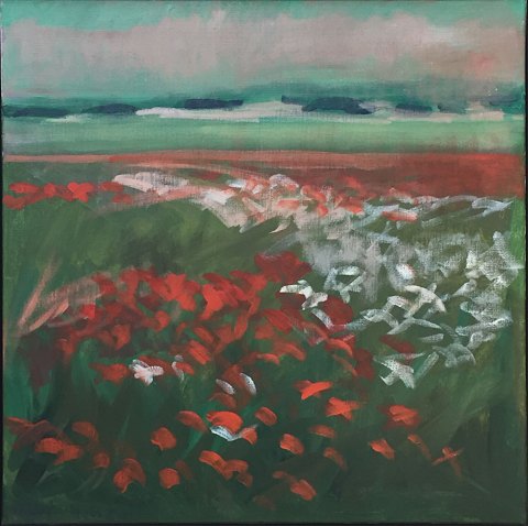 "Landskab med blomster" Olie maleri på lærred i bred sølv svæveramme.