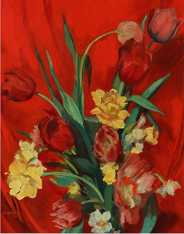 "Opstilling med tulipaner og påskeliljer" Olie maleri på lærred.