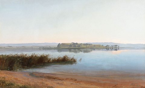 "Painting from Mos sø by Skanderborg" Beautiful oil painting on canvas, just cleaned by professional, exhibited at Charlottenborg in 1878.