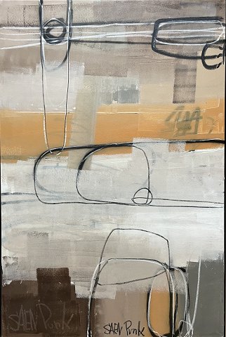 "Komposition" Oliemaleri på lærred, monteret i sølv svæveramme.