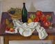 "Still life with clothing, fruits and bottle on the table" The painting carries some crackles, the canvas is probably duplicated. Oil on canvas.