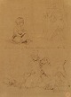 Tegning. "Studie af interiør medmor og datter med kat og et lille barn med hunde" Bly på papir